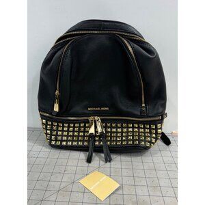 Michael Kors Black Leather Studded Rhea Zip Backpack  Gold Hardware